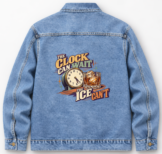Back of Medium Denim Wash vintage denim jacket with The Clock Can Wait The Ice Can’t printed design