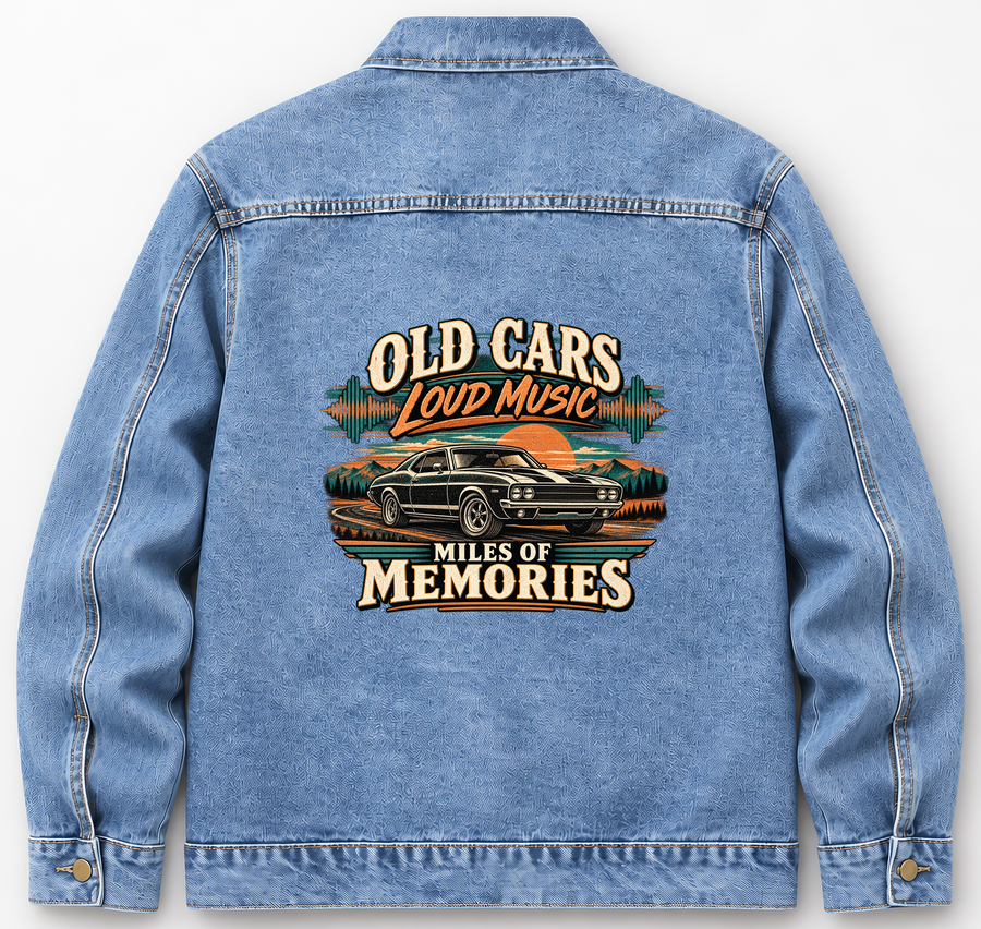 Back of Medium Denim Wash vintage denim jacket with Old Cars. Loud Music. Miles Of Memories printed design