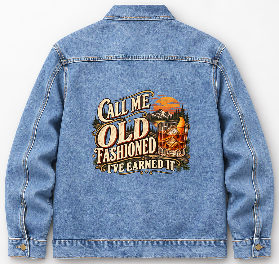 Back of Medium Denim Wash vintage denim jacket with Call Me Old Fashioned. I've Earned It printed design