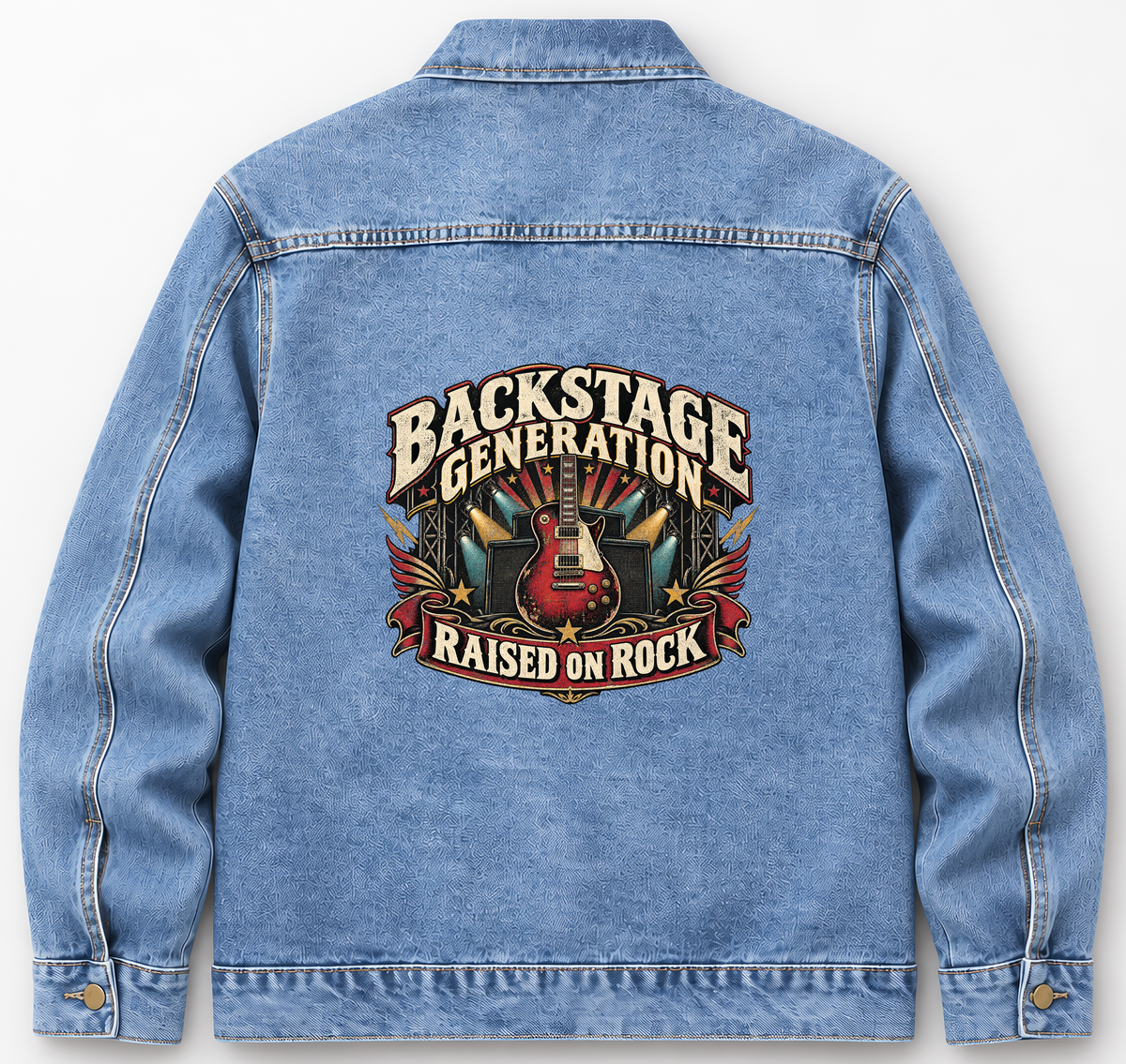 Back of Medium Denim Wash vintage denim jacket with Backstage Generation Raised On Rock printed design