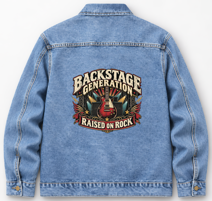 Back of Medium Denim Wash vintage denim jacket with Backstage Generation Raised On Rock printed design