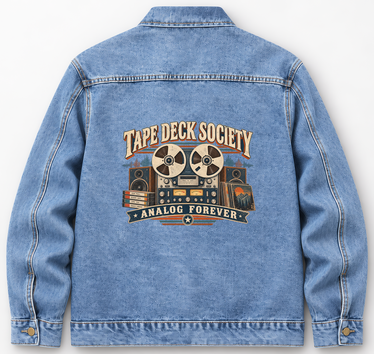 Back of Medium Denim Wash vintage denim jacket with Tape Deck Society. Analog Forever printed design