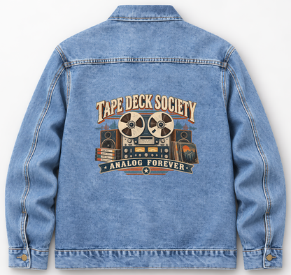 Back of Medium Denim Wash vintage denim jacket with Tape Deck Society. Analog Forever printed design
