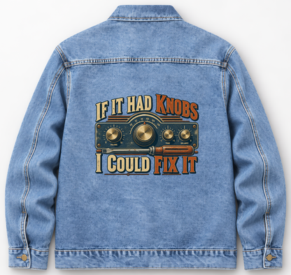Back of Medium Denim Wash vintage denim jacket with If It Had Knobs, I Could Fix It printed design