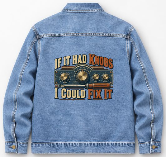 Back of Medium Denim Wash vintage denim jacket with If It Had Knobs, I Could Fix It printed design