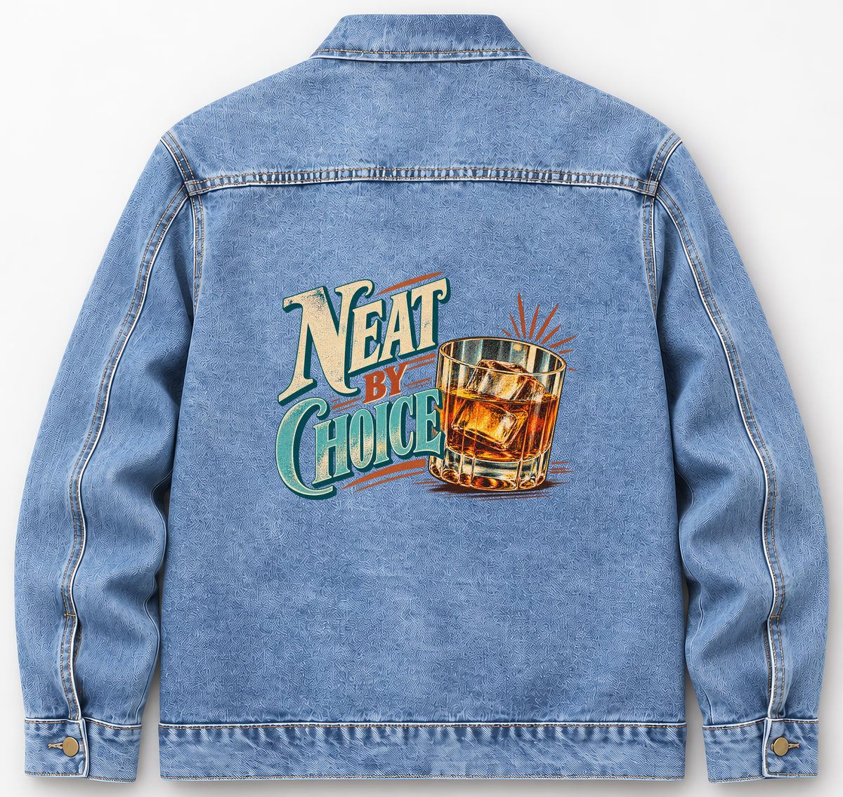 Back of Medium Denim Wash vintage denim jacket with Neat By Choice printed design