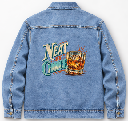 Back of Medium Denim Wash vintage denim jacket with Neat By Choice printed design