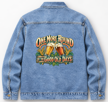 Back of Medium Denim Wash vintage denim jacket with One More Round Of The Good Old Days printed design