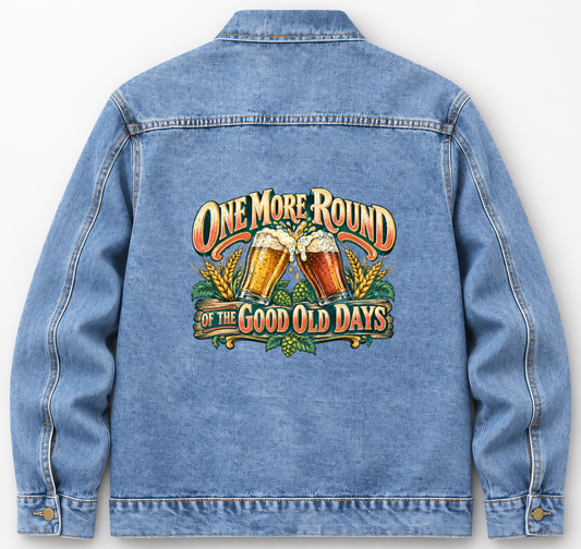 Back of Medium Denim Wash vintage denim jacket with One More Round Of The Good Old Days printed design