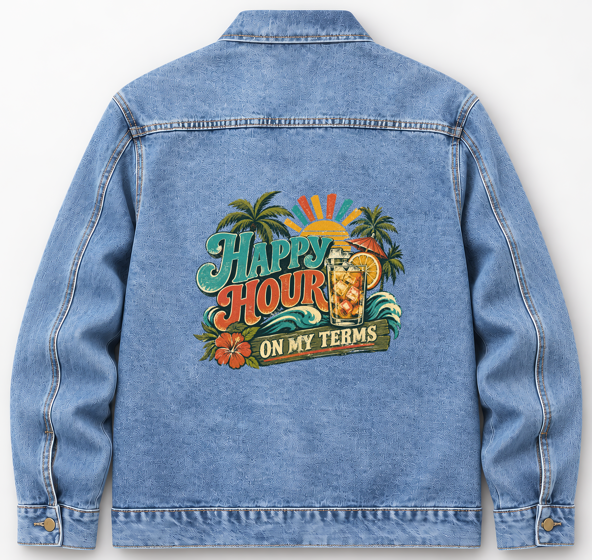 Back of Medium Denim Wash vintage denim jacket with Happy Hour On My Terms printed design