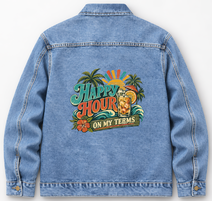 Back of Medium Denim Wash vintage denim jacket with Happy Hour On My Terms printed design
