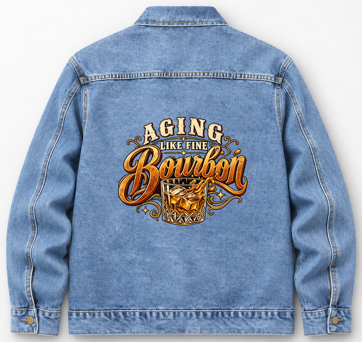 Back of Medium Denim Wash vintage denim jacket with Aging Like Fine Bourbon printed design