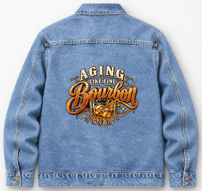 Back of Medium Denim Wash vintage denim jacket with Aging Like Fine Bourbon printed design