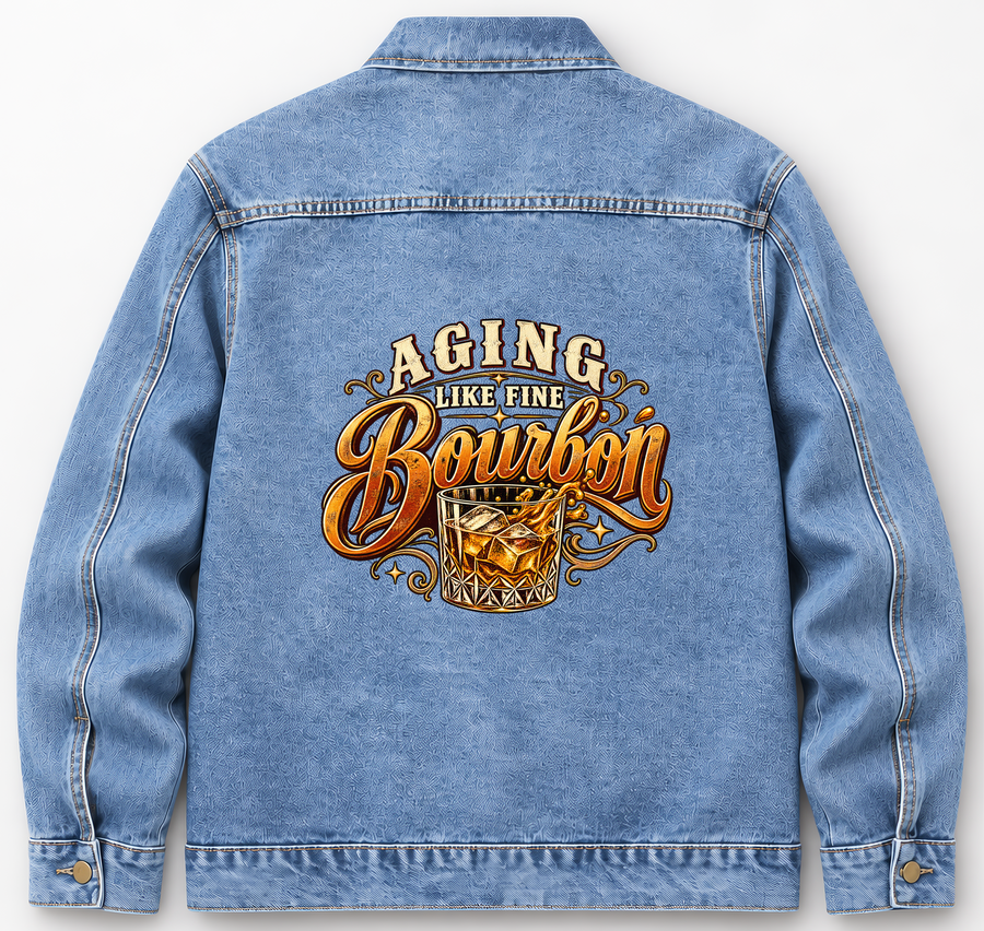 Back of Medium Denim Wash vintage denim jacket with Aging Like Fine Bourbon printed design