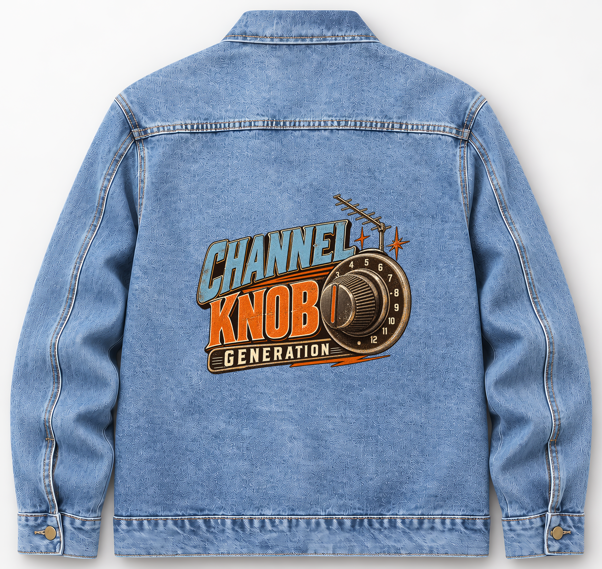 Back of Medium Denim Wash vintage denim jacket with Channel Knob Generation printed design