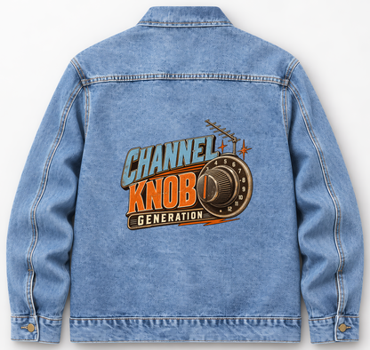 Back of Medium Denim Wash vintage denim jacket with Channel Knob Generation printed design