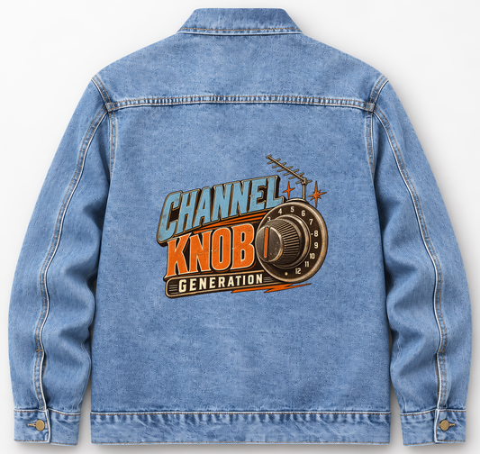 Back of Medium Denim Wash vintage denim jacket with Channel Knob Generation printed design