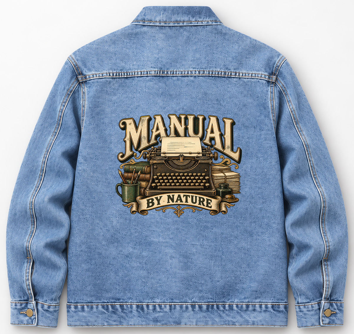 Back of Medium Denim Wash vintage denim jacket with Manual By Nature printed design