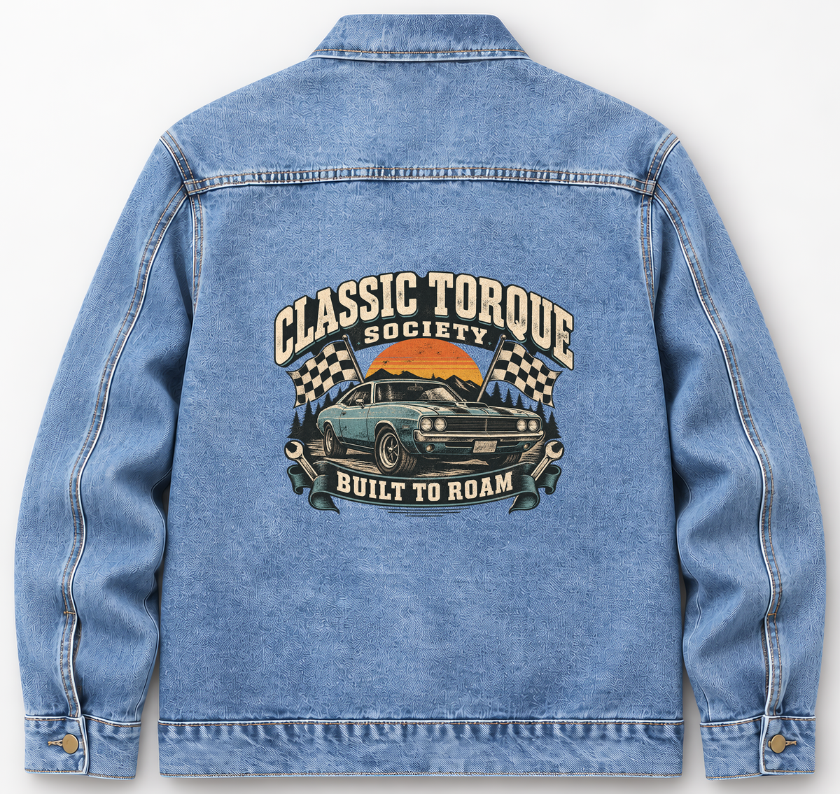 Back of Medium Denim Wash vintage denim jacket with Classic Torque Society Built To Roam printed design