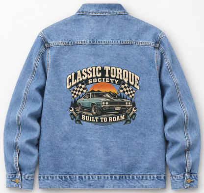 Back of Medium Denim Wash vintage denim jacket with Classic Torque Society Built To Roam printed design