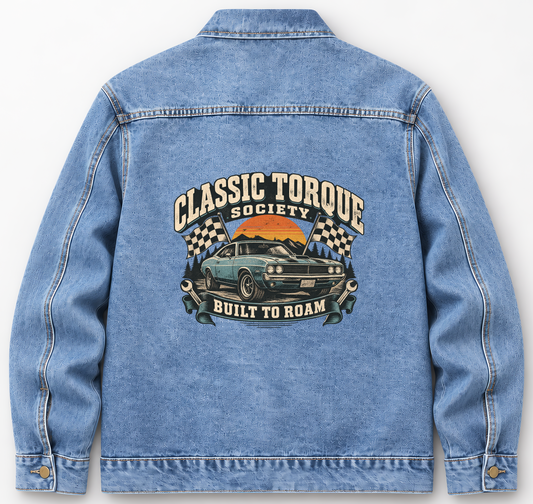 Back of Medium Denim Wash vintage denim jacket with Classic Torque Society Built To Roam printed design