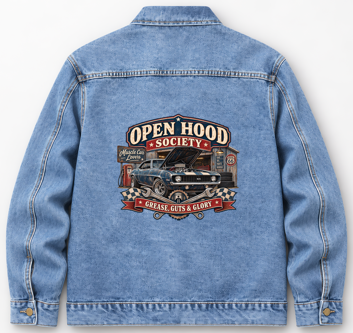 Back of Medium Denim Wash vintage denim jacket with Open Hood Society. Grease, Guts & Glory printed design