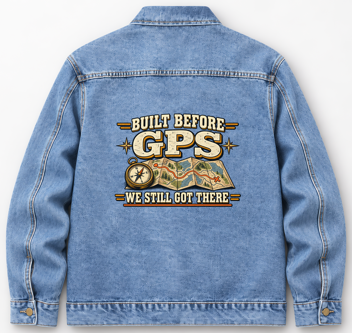 Back of Medium Denim Wash vintage denim jacket with Built Before GPS. We Still Got There printed design