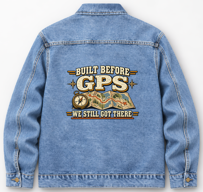Back of Medium Denim Wash vintage denim jacket with Built Before GPS. We Still Got There printed design