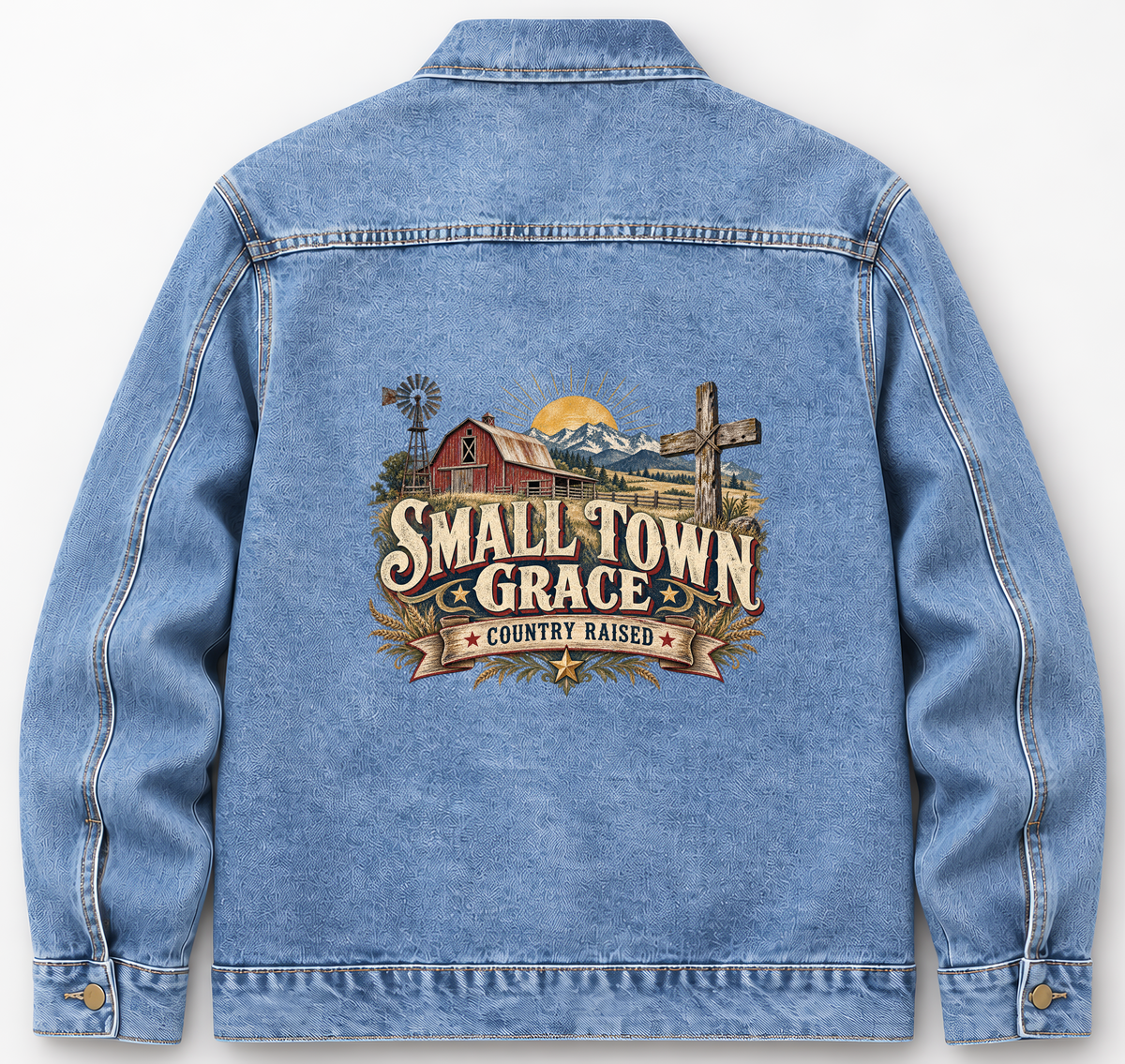 Back of Medium Denim Wash vintage denim jacket with Small Town Grace. Country Raised printed design