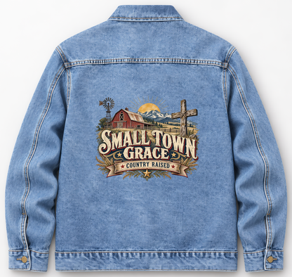 Back of Medium Denim Wash vintage denim jacket with Small Town Grace. Country Raised printed design