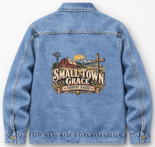 Back of Medium Denim Wash vintage denim jacket with Small Town Grace. Country Raised printed design