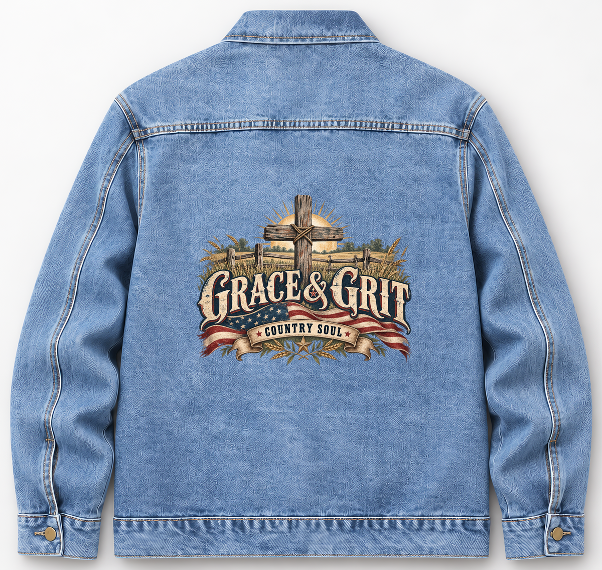 Back of Medium Denim Wash vintage denim jacket with Grace & Grit. Country Soul printed design
