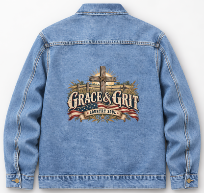 Back of Medium Denim Wash vintage denim jacket with Grace & Grit. Country Soul printed design