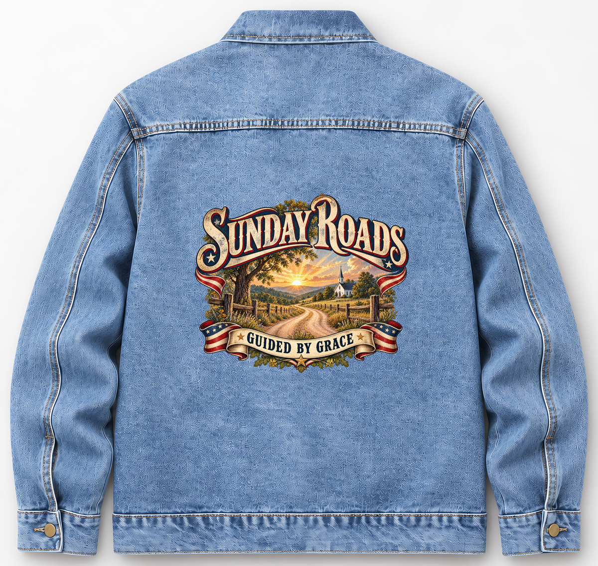 Back of Medium Denim Wash vintage denim jacket with Sunday Roads Guided By Grace printed design