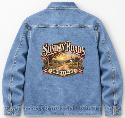 Back of Medium Denim Wash vintage denim jacket with Sunday Roads Guided By Grace printed design
