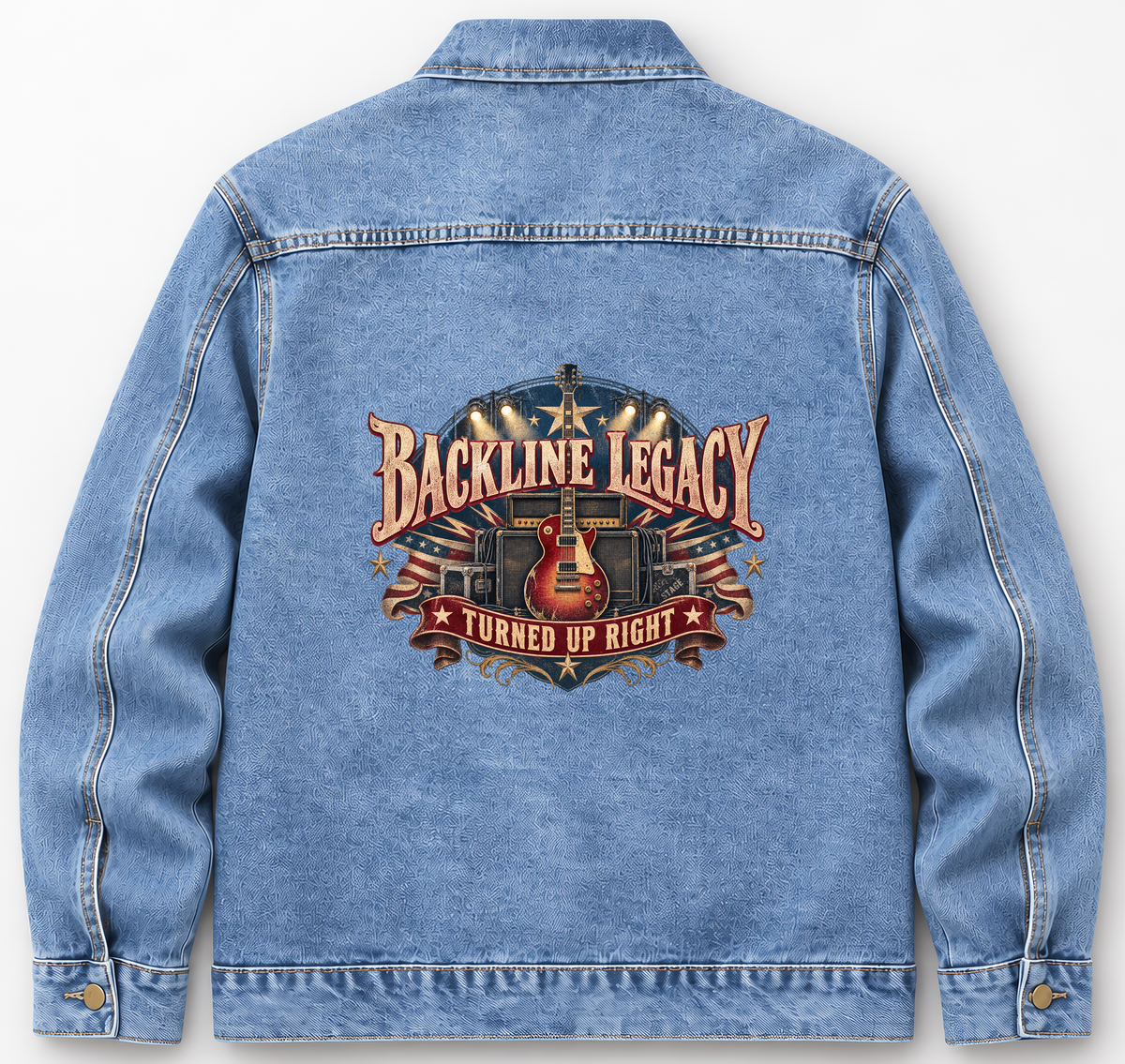 Back of Medium Denim Wash vintage denim jacket with Backline Legacy Turned Up Right printed design