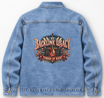 Back of Medium Denim Wash vintage denim jacket with Backline Legacy Turned Up Right printed design
