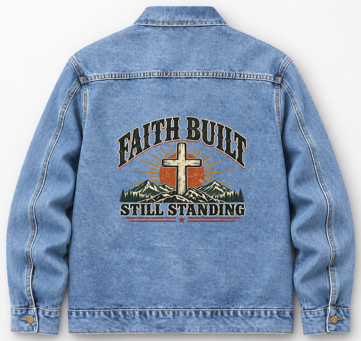 Back of Medium Denim Wash vintage denim jacket with Faith Built Still Standing printed design