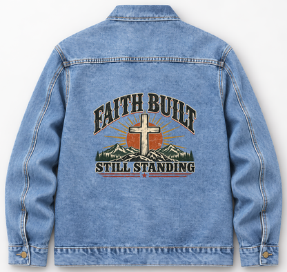Back of Medium Denim Wash vintage denim jacket with Faith Built Still Standing printed design