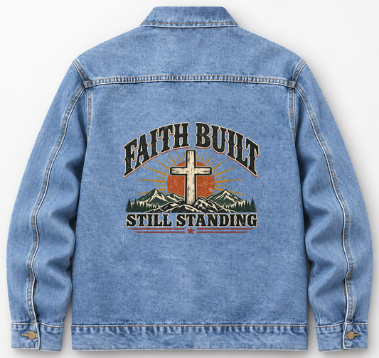 Back of Medium Denim Wash vintage denim jacket with Faith Built Still Standing printed design