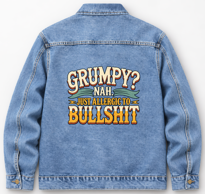 Back of Medium Denim Wash vintage denim jacket with Grumpy? Nah. Just Allergic To Bullshit printed design