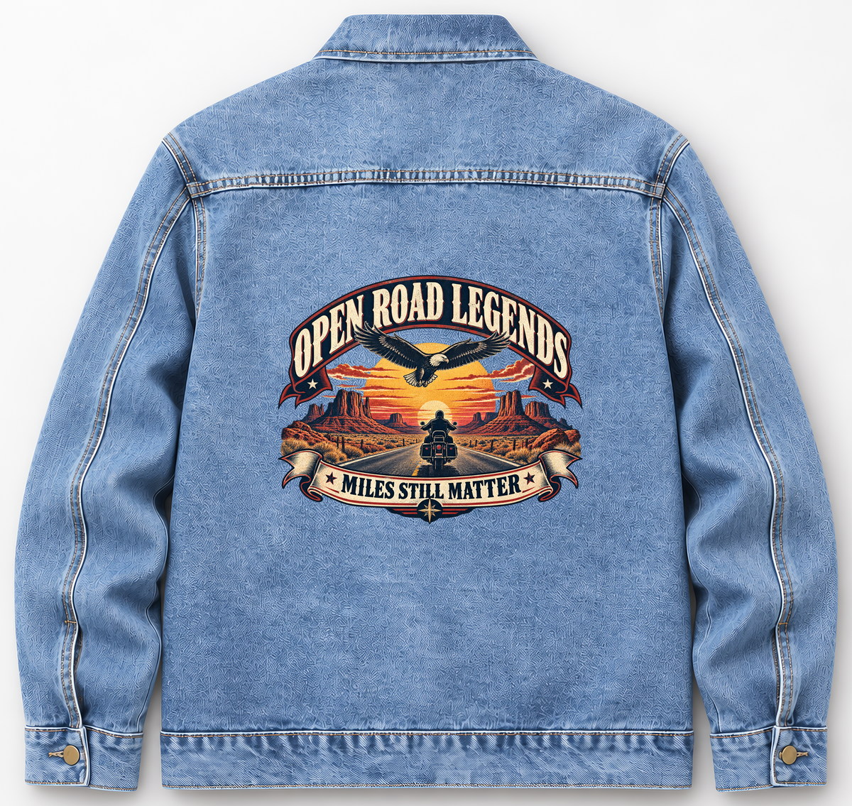 Back of Medium Denim Wash vintage denim jacket with Open Road Legends. Miles Still Matter printed design