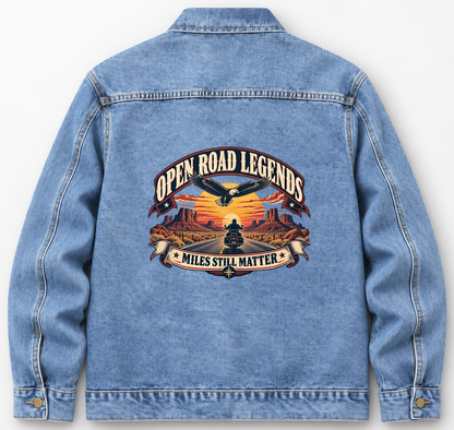 Back of Medium Denim Wash vintage denim jacket with Open Road Legends. Miles Still Matter printed design
