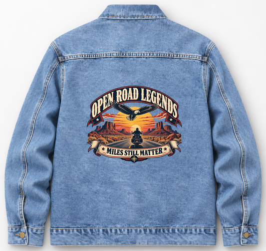 Back of Medium Denim Wash vintage denim jacket with Open Road Legends. Miles Still Matter printed design