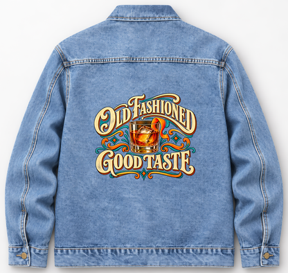 Back of Medium Denim Wash vintage denim jacket with Old Fashioned Good Taste printed design