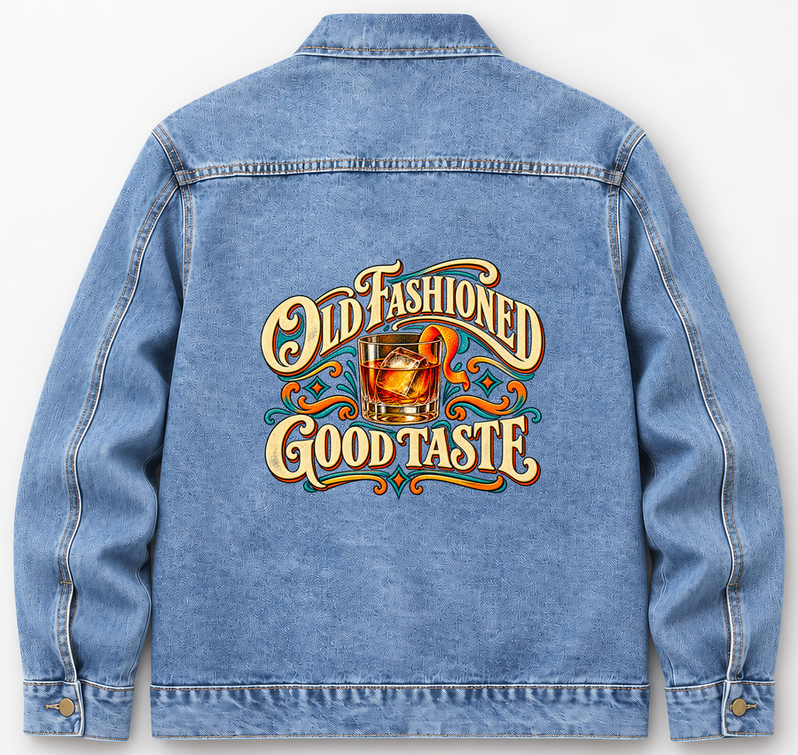 Back of Medium Denim Wash vintage denim jacket with Old Fashioned Good Taste printed design