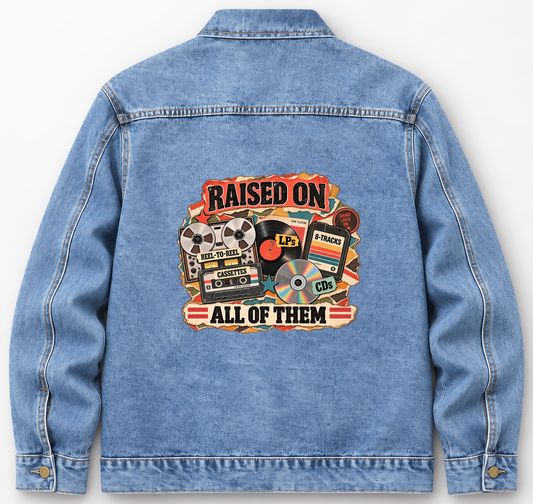 Back of Medium Denim Wash vintage denim jacket with Raised On All Of Them printed design
