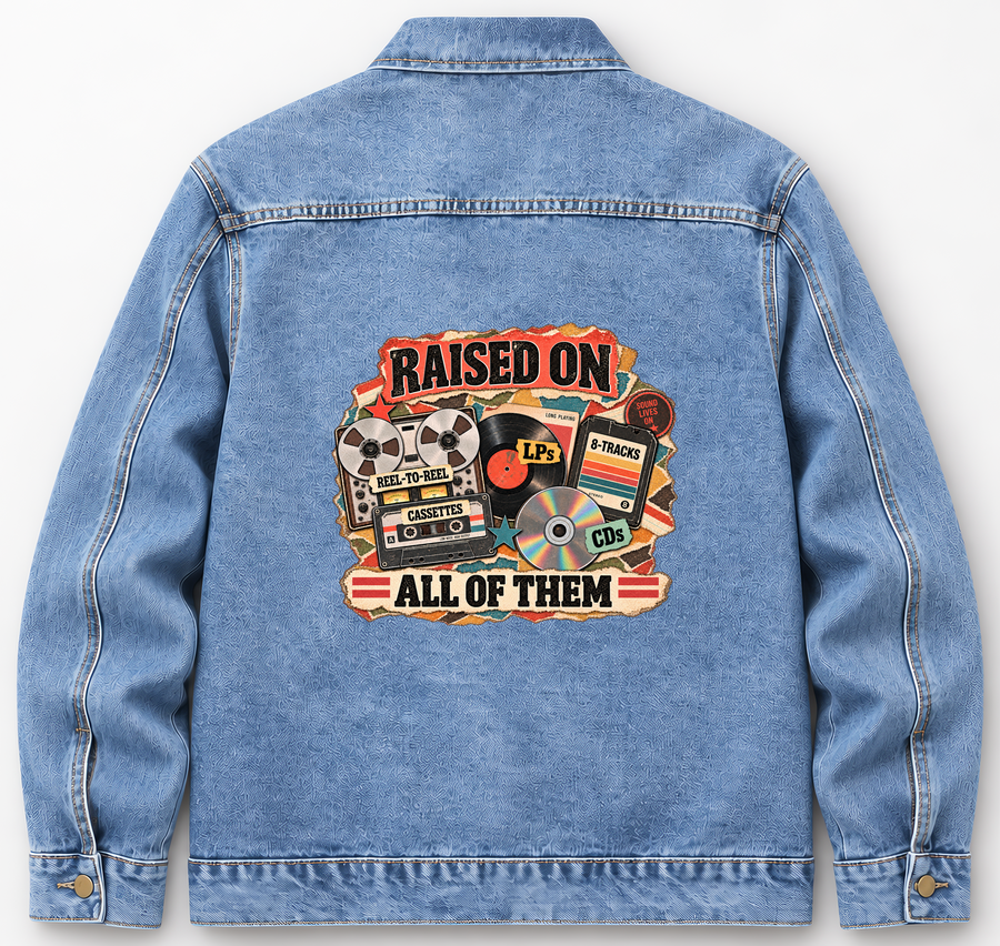Back of Medium Denim Wash vintage denim jacket with Raised On All Of Them printed design