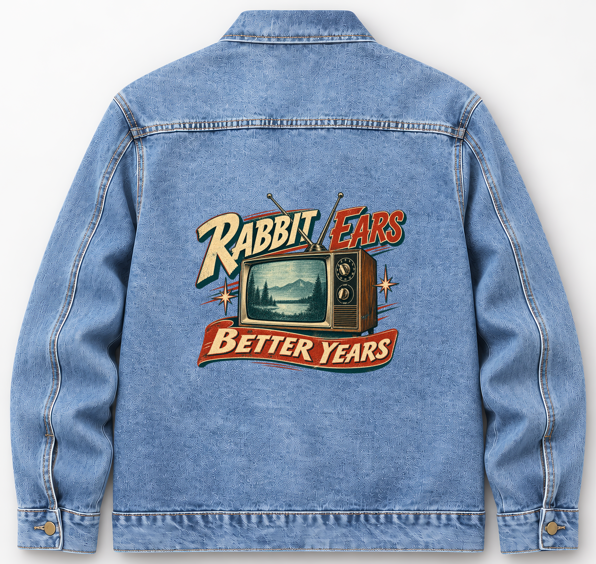 Back of Medium Denim Wash vintage denim jacket with Rabbit Ears. Better Years printed design