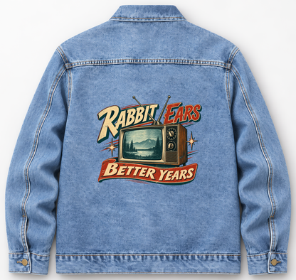 Back of Medium Denim Wash vintage denim jacket with Rabbit Ears. Better Years printed design